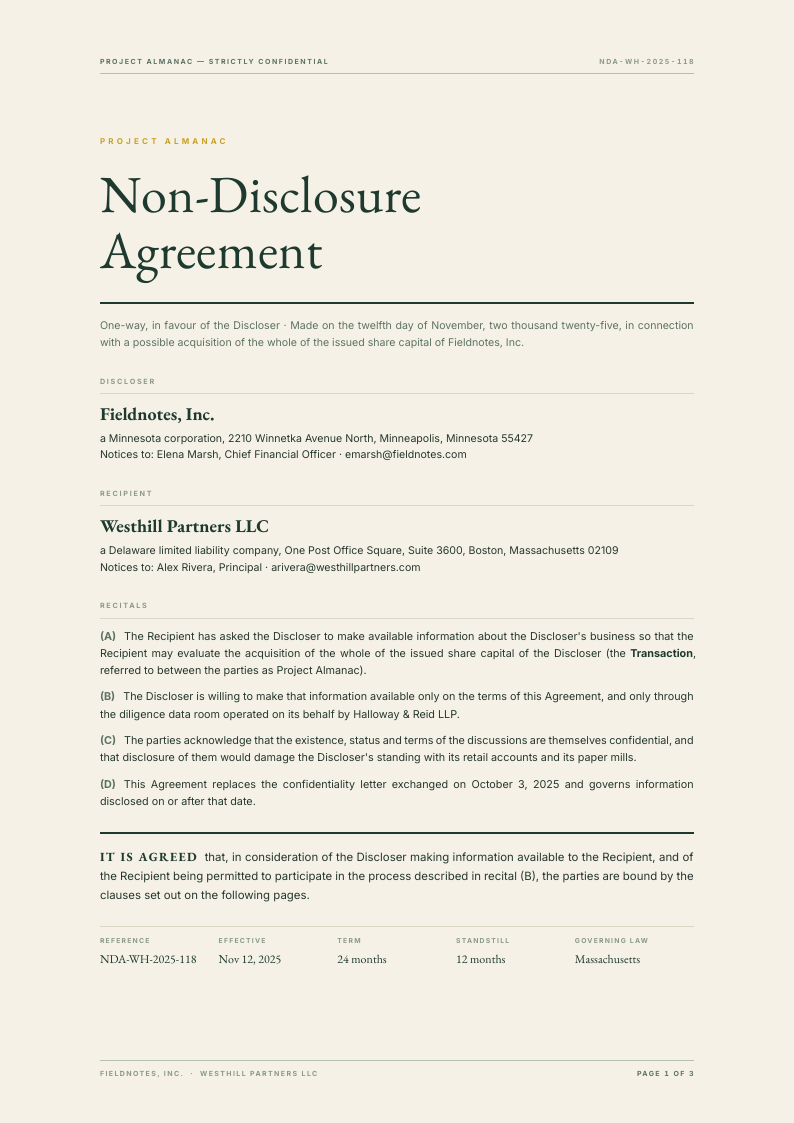One Edge NDA template, page 1 of 3