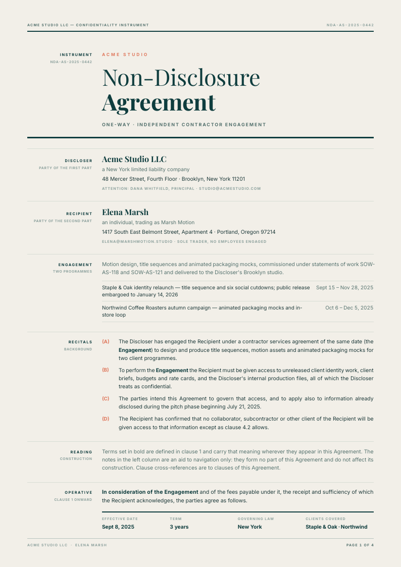 Shoulder Note NDA template, page 1 of 4