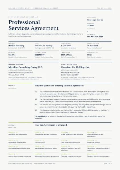 Docket Grid — Service agreement template, Swiss grid layout, rendered from live data