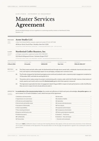 Quarto Rule — Service agreement template, Editorial serif layout, rendered from live data