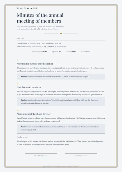 Assembly — Meeting minutes template, Framed ceremonial layout, rendered from live data