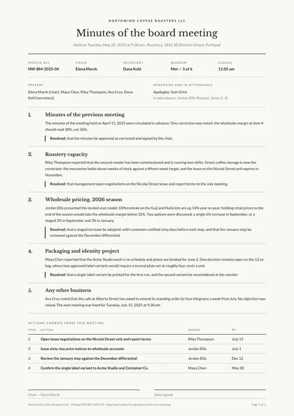 Minute Book — Meeting minutes template, Editorial serif layout, rendered from live data
