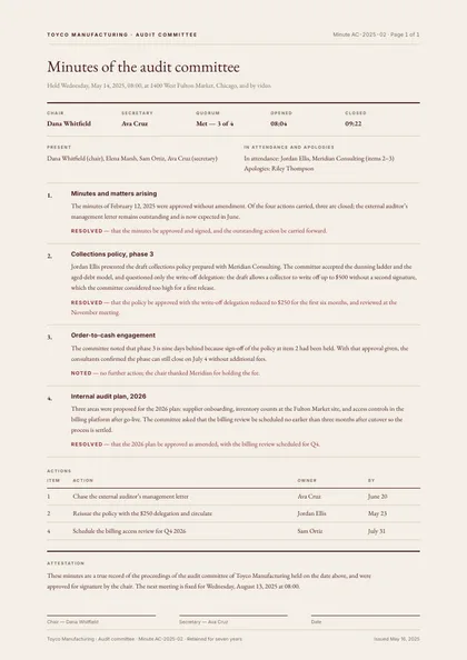 Plain Record — Meeting minutes template, Minimal, type-led layout, rendered from live data