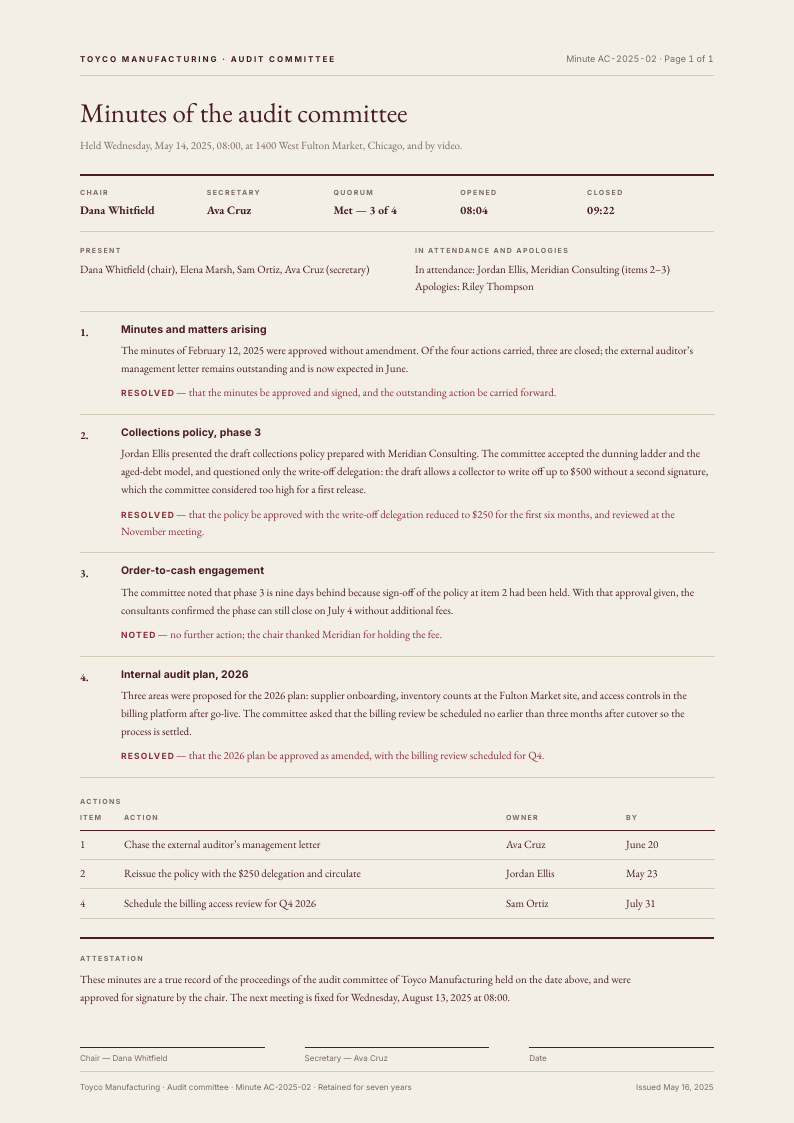 Plain Record — meeting minutes template, Minimal, type-led layout, rendered from live data
