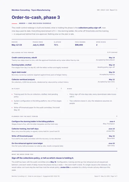 Quiet Status — Project status template, Minimal, type-led layout, rendered from live data