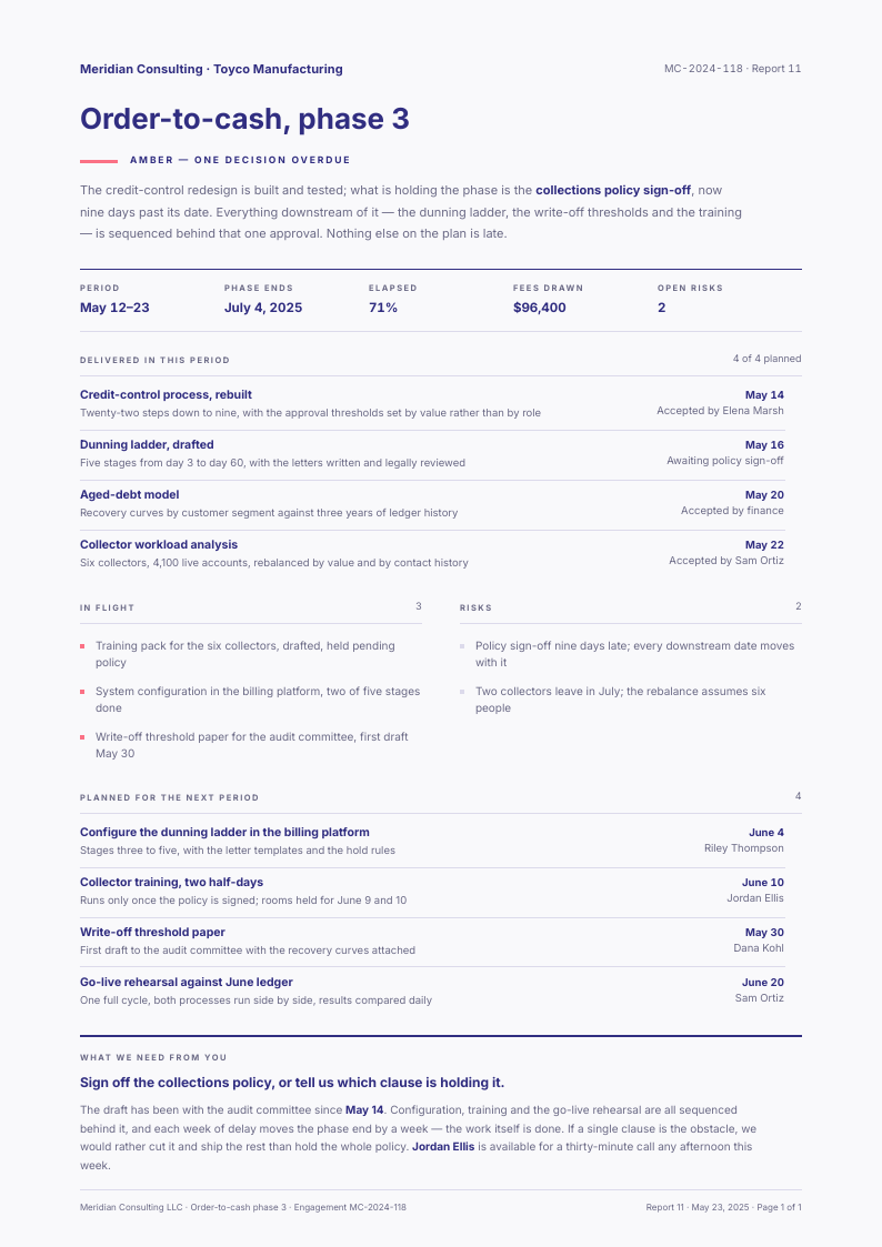 Quiet Status — project status template, Minimal, type-led layout, rendered from live data