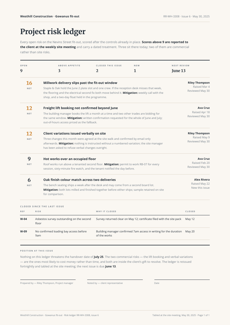 Audit Ledger — risk register template, Minimal, type-led layout, rendered from live data