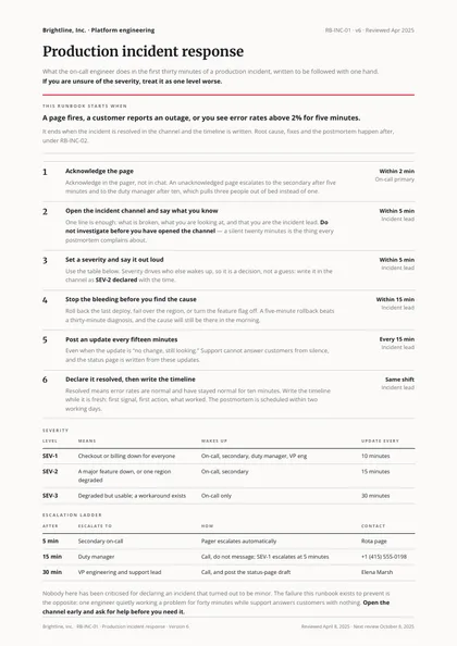 Plain Procedure — SOP & runbook template, Minimal, type-led layout, rendered from live data
