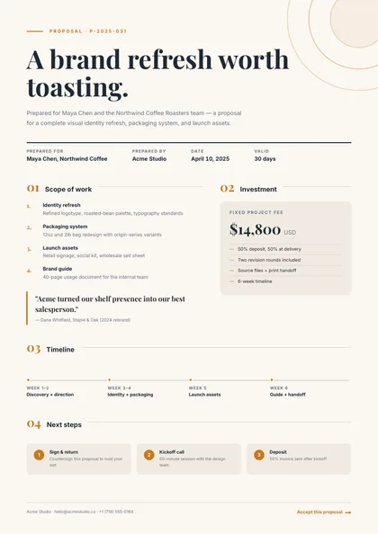 Editorial Ochre — Business proposal template, Editorial serif layout, rendered from live data