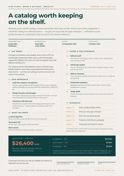 Gutter Rule — Business proposal template, Two-column magazine layout, rendered from live data