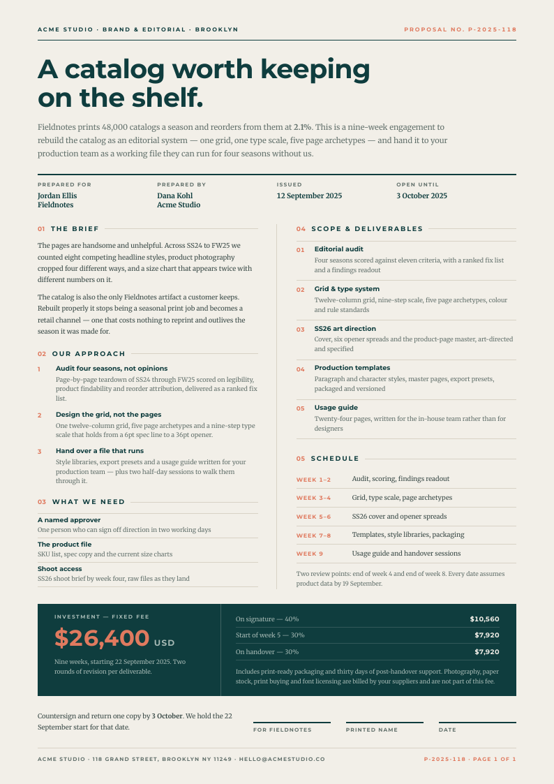 Gutter Rule — business proposal template, Two-column magazine layout, rendered from live data