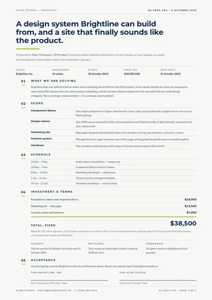 Margin Index — Business proposal template, Minimal, type-led layout, rendered from live data