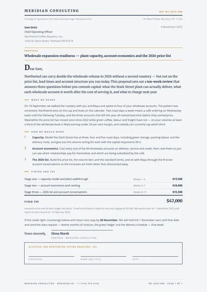 Brass Letter — Consulting proposal template, Minimal, type-led layout, rendered from live data