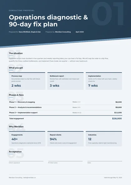 Diagonal Steel — Consulting proposal template, Diagonal split layout, rendered from live data