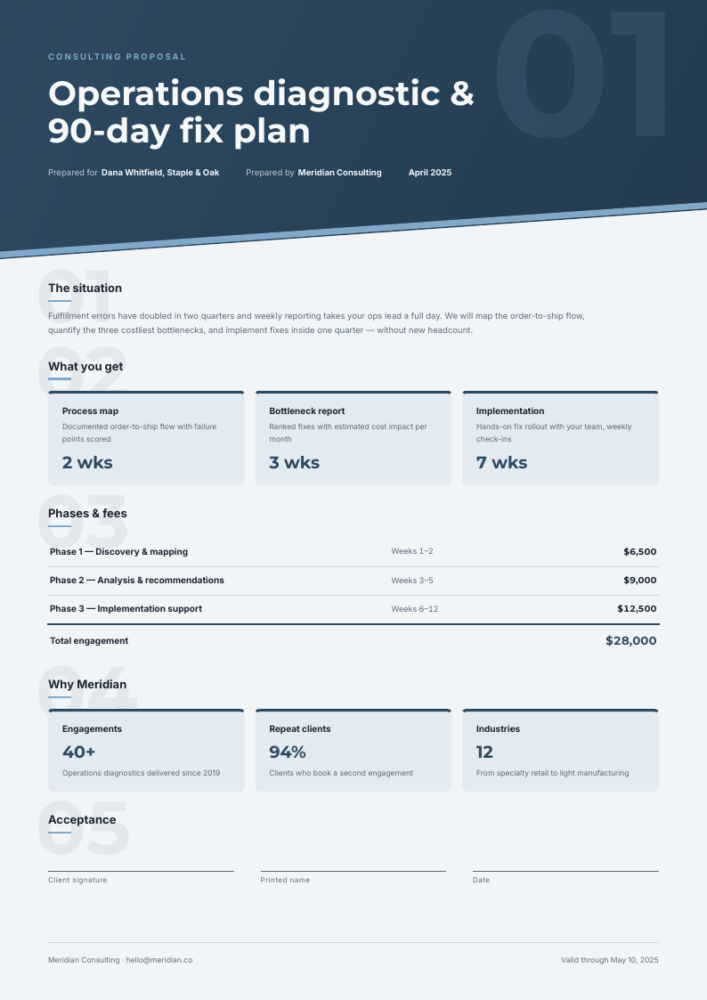 Diagonal Steel — consulting proposal template, Diagonal split layout, rendered from live data