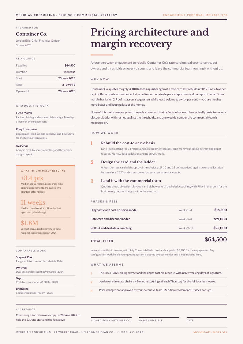 Fact Column — consulting proposal template, Two-column magazine layout, rendered from live data