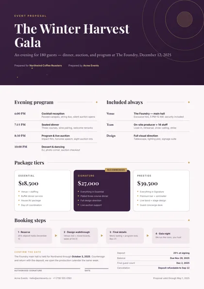 Gala Arcs — Event proposal template, Organic arches layout, rendered from live data