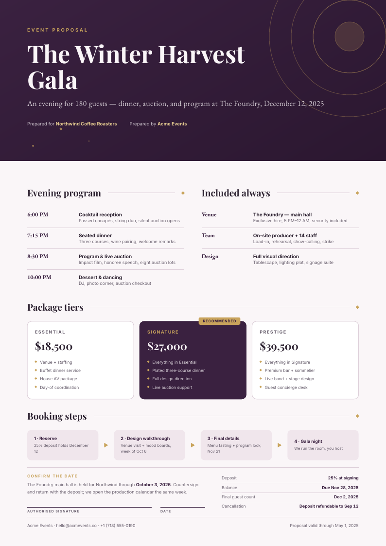 Gala Arcs — event proposal template, Organic arches layout, rendered from live data