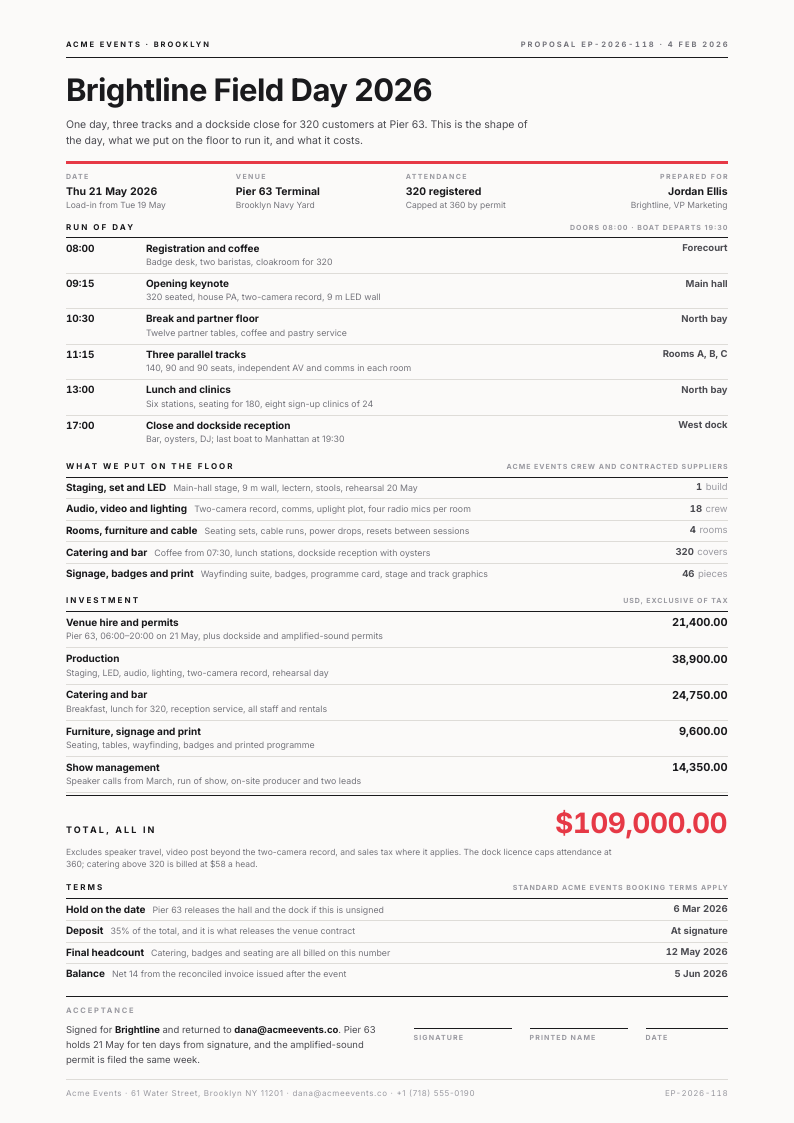 Signal Axis — event proposal template, Minimal, type-led layout, rendered from live data