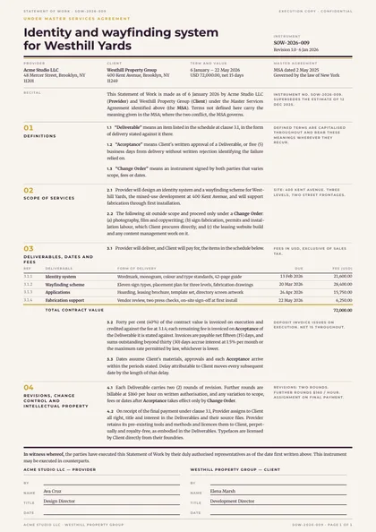 Hairline Grid — Statement of work template, Swiss grid layout, rendered from live data