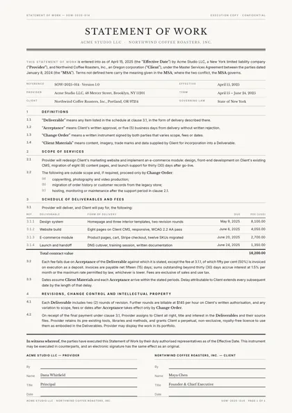 Legal Rules — Statement of work template, Minimal, type-led layout, rendered from live data
