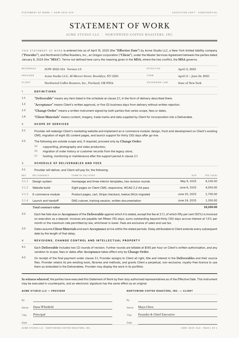Legal Rules — statement of work template, Minimal, type-led layout, rendered from live data