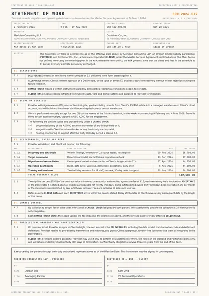 Ruled Particulars — Statement of work template, Boxed form planner layout, rendered from live data