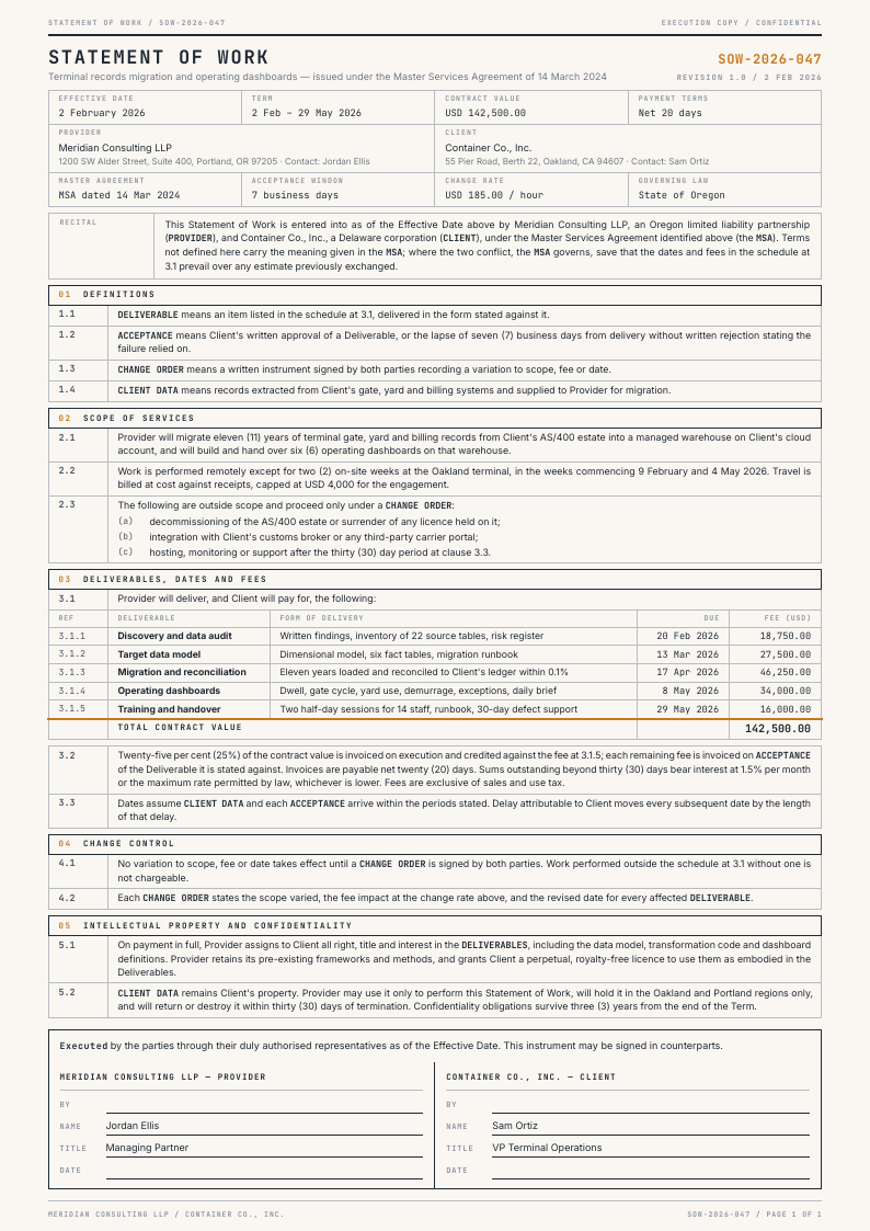 Ruled Particulars — statement of work template, Boxed form planner layout, rendered from live data