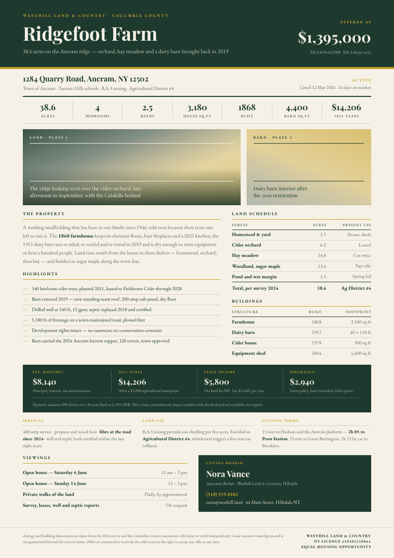 Forest Band — property flyer template, Band header layout, rendered from live data