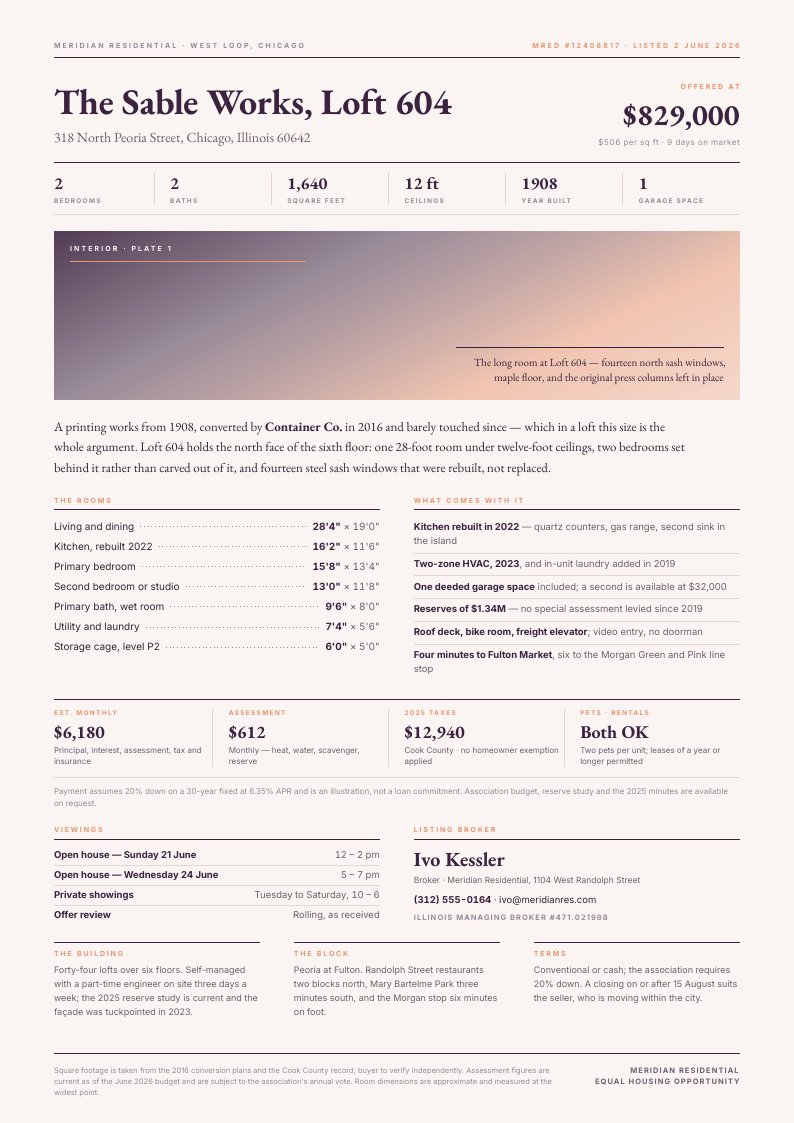 Long Measure — property flyer template, Minimal, type-led layout, rendered from live data