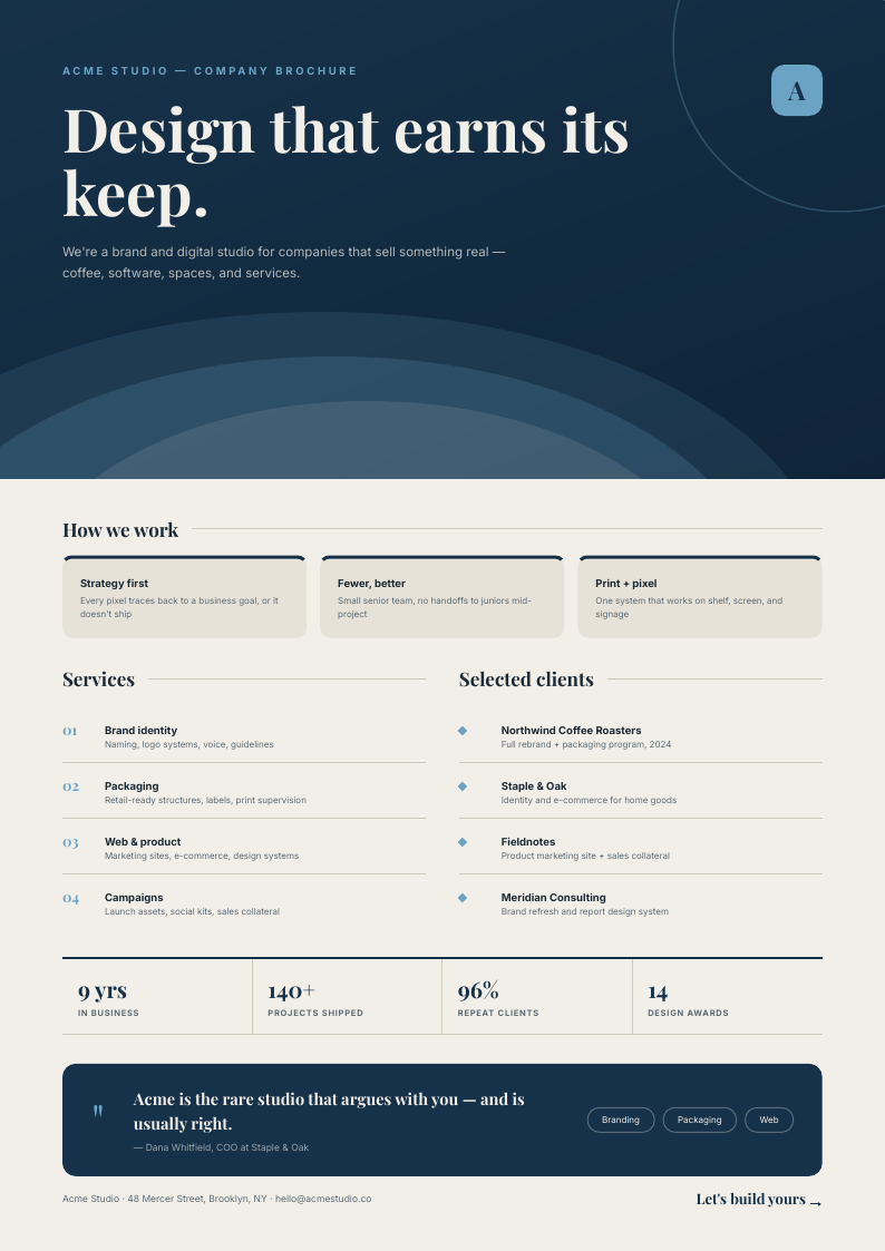 Wave Editorial — company brochure template, Full-bleed hero layout, rendered from live data