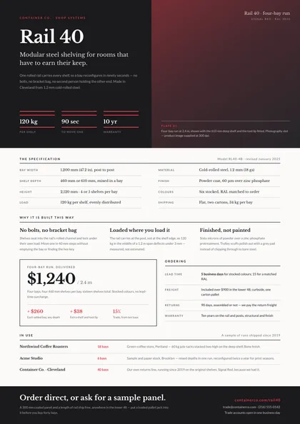 Catalog Plate — Product one-pager template, Full-bleed hero layout, rendered from live data