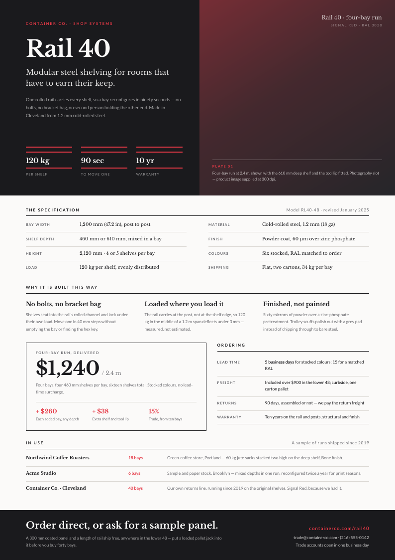 Catalog Plate — product one-pager template, Full-bleed hero layout, rendered from live data