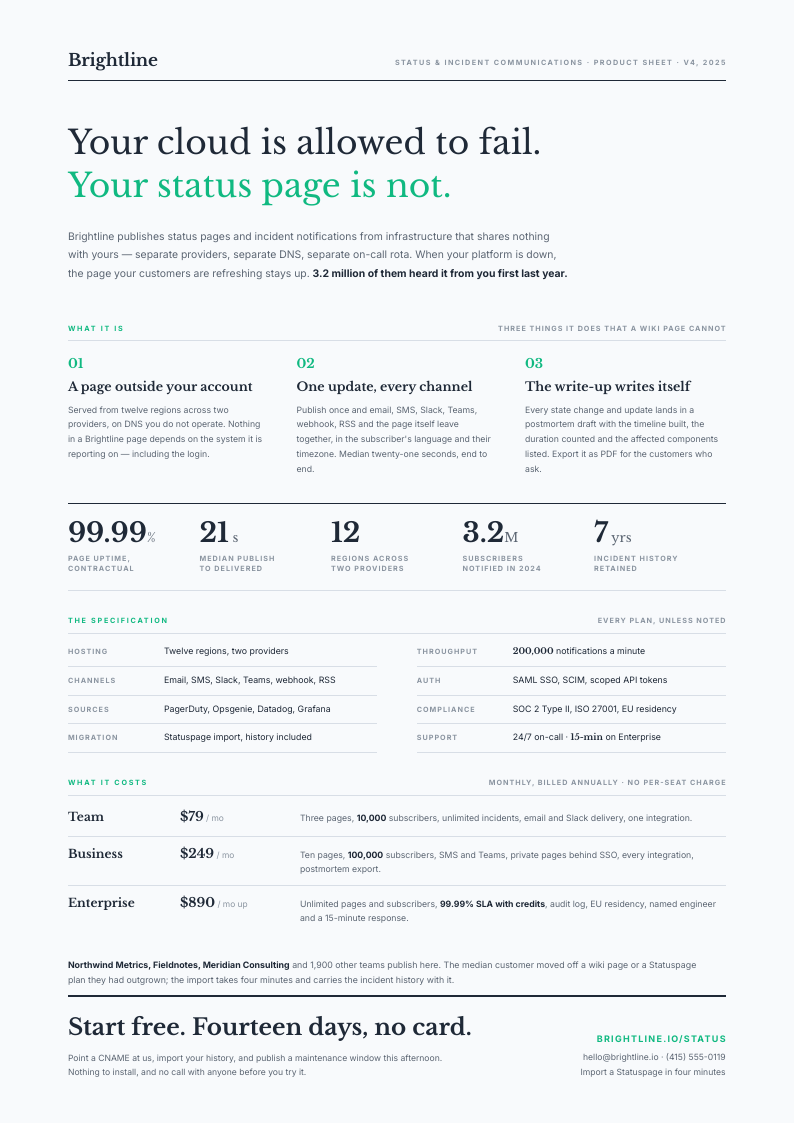 Spec Column — product one-pager template, Minimal, type-led layout, rendered from live data