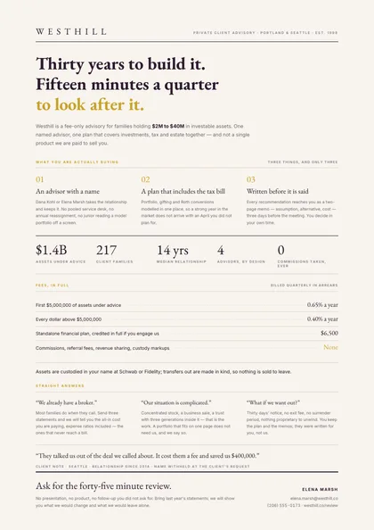 Gold Measure — Sales one-pager template, Minimal, type-led layout, rendered from live data